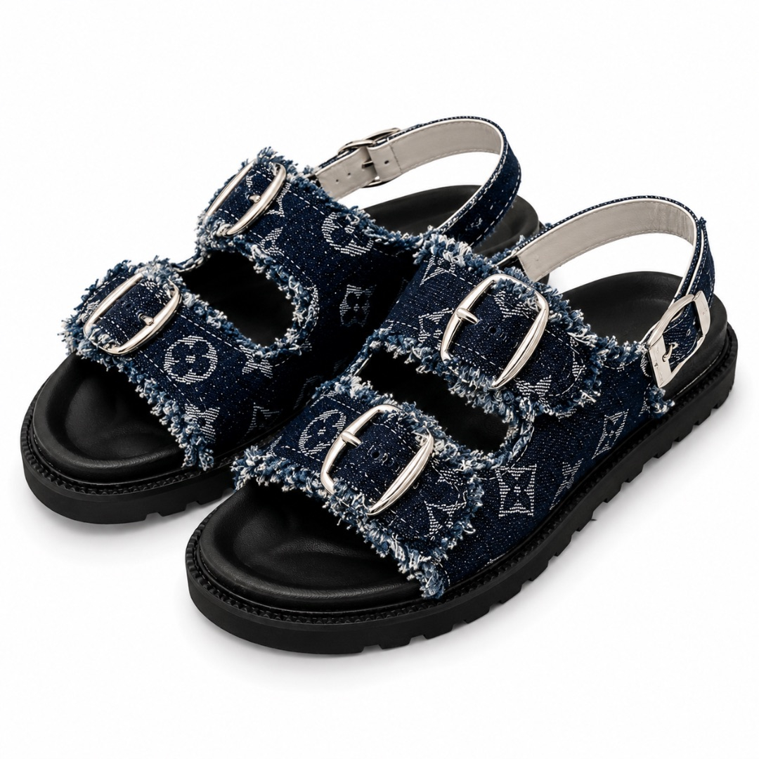 Patterned Blue Denim Buckled Backstrap Sandals