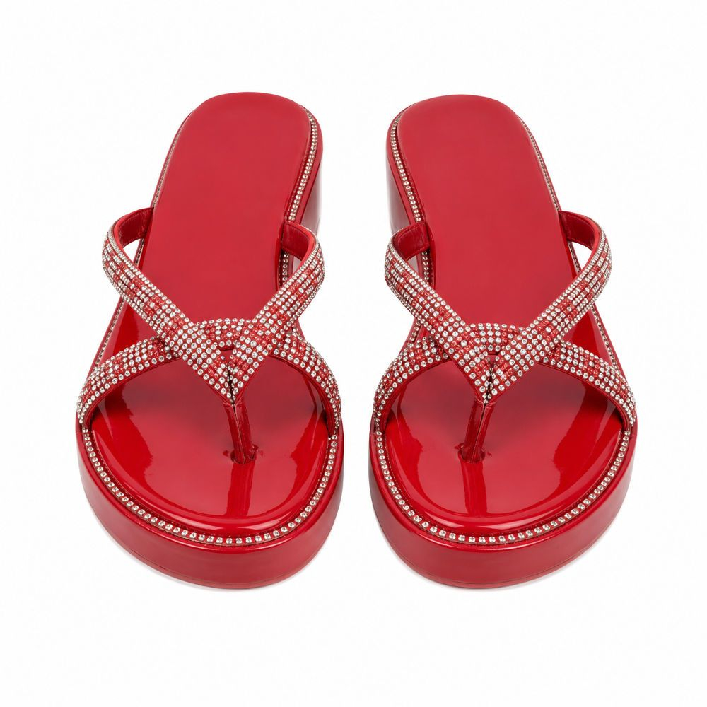 Womens Red Rhinestone Flat Slippers