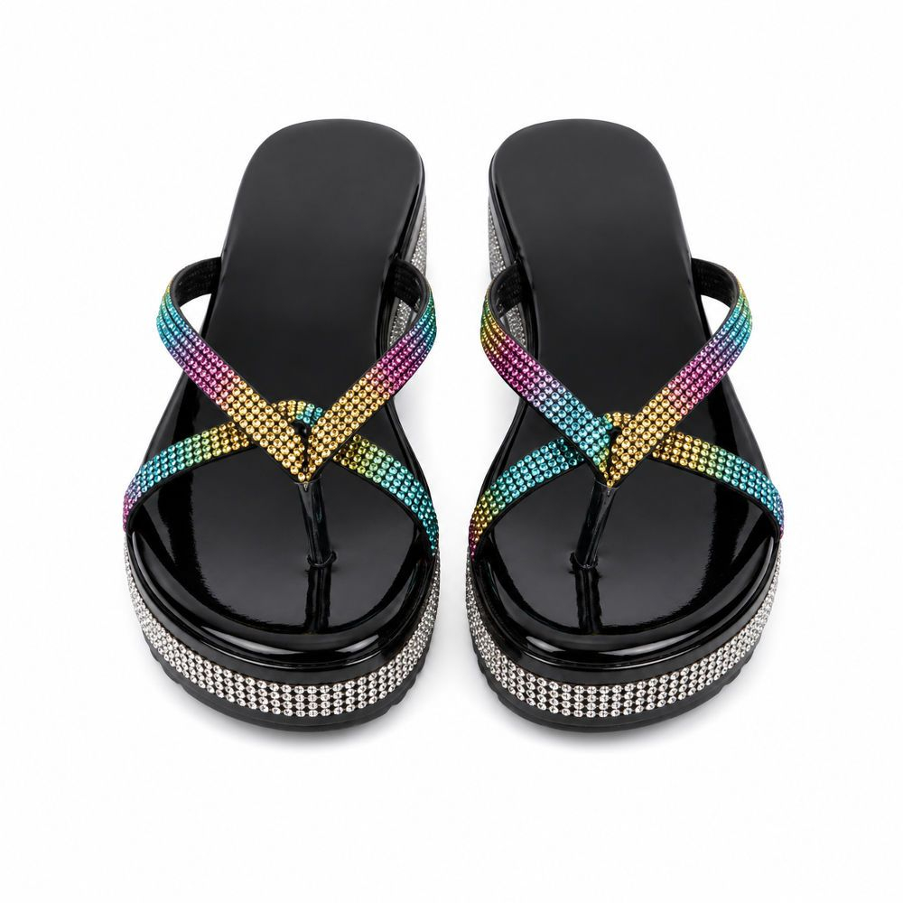 Black Rhinestone Embellished Platform Thong Sandals