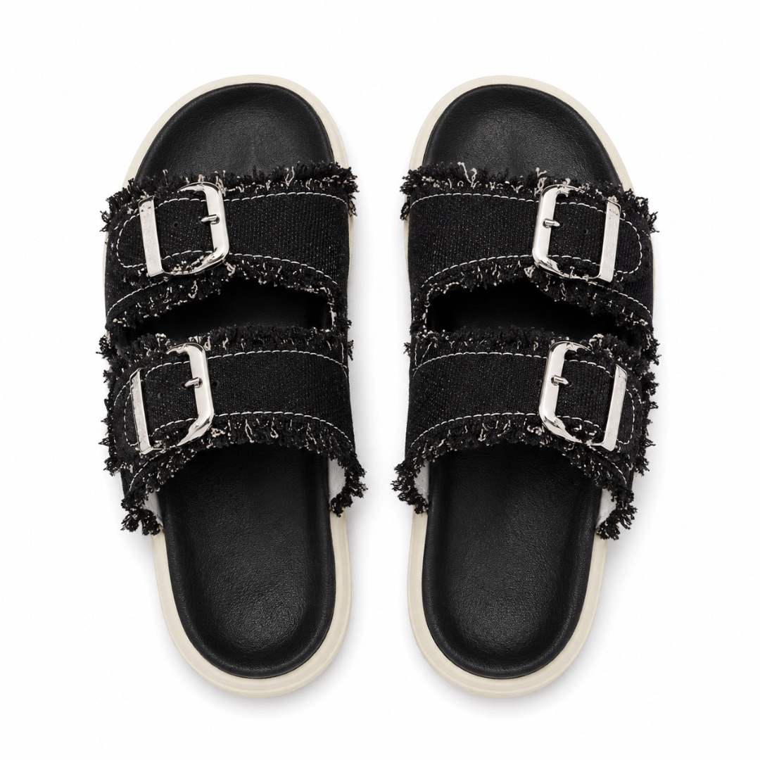 Frayed Black Canvas Double Buckle Slide Sandals