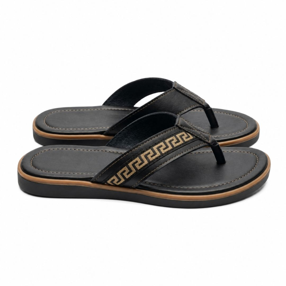 Detailed Mens Black and Gold Toe Post Sandals with Woven Design