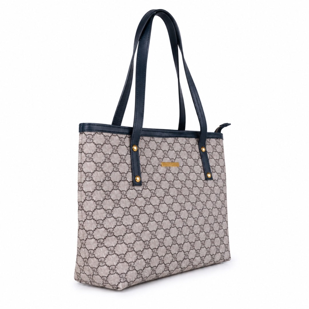 Classic Patterned Monogram Tote Bag with Black Base