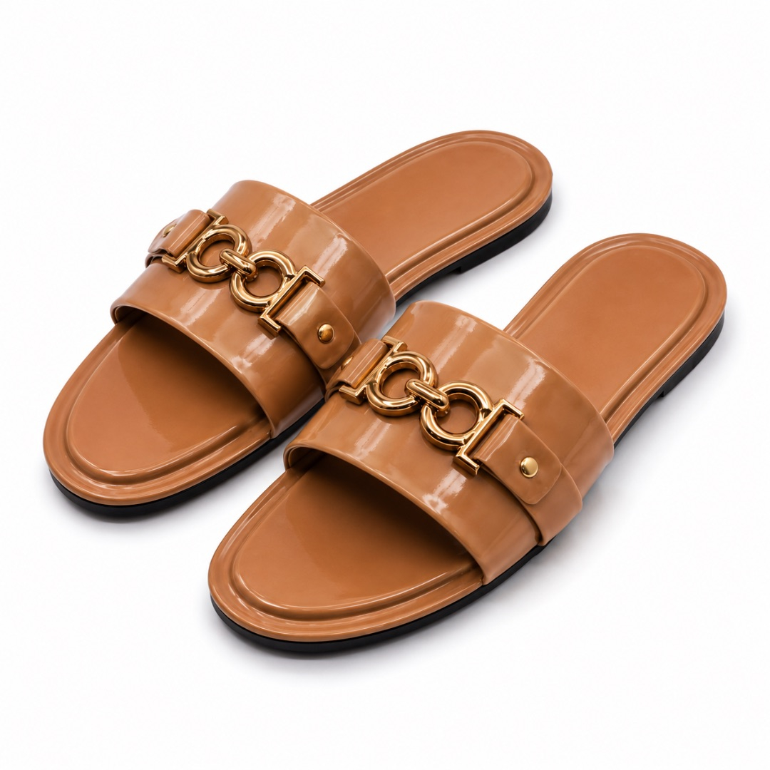 Womens Glossy Nude Flat Slide Sandals with Chain Detail