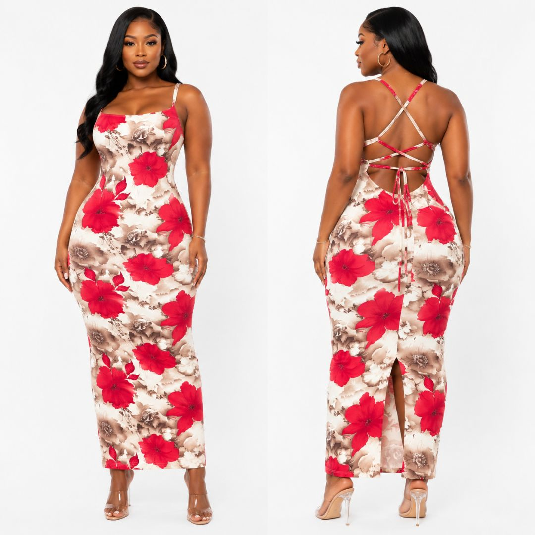 Quality Women Floral Print Backless Bodycon Maxi Dress