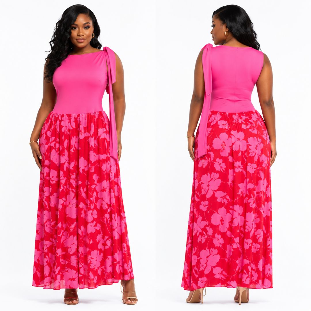 Quality Women Pink Floral Maxi Dress with Chiffon Skirt