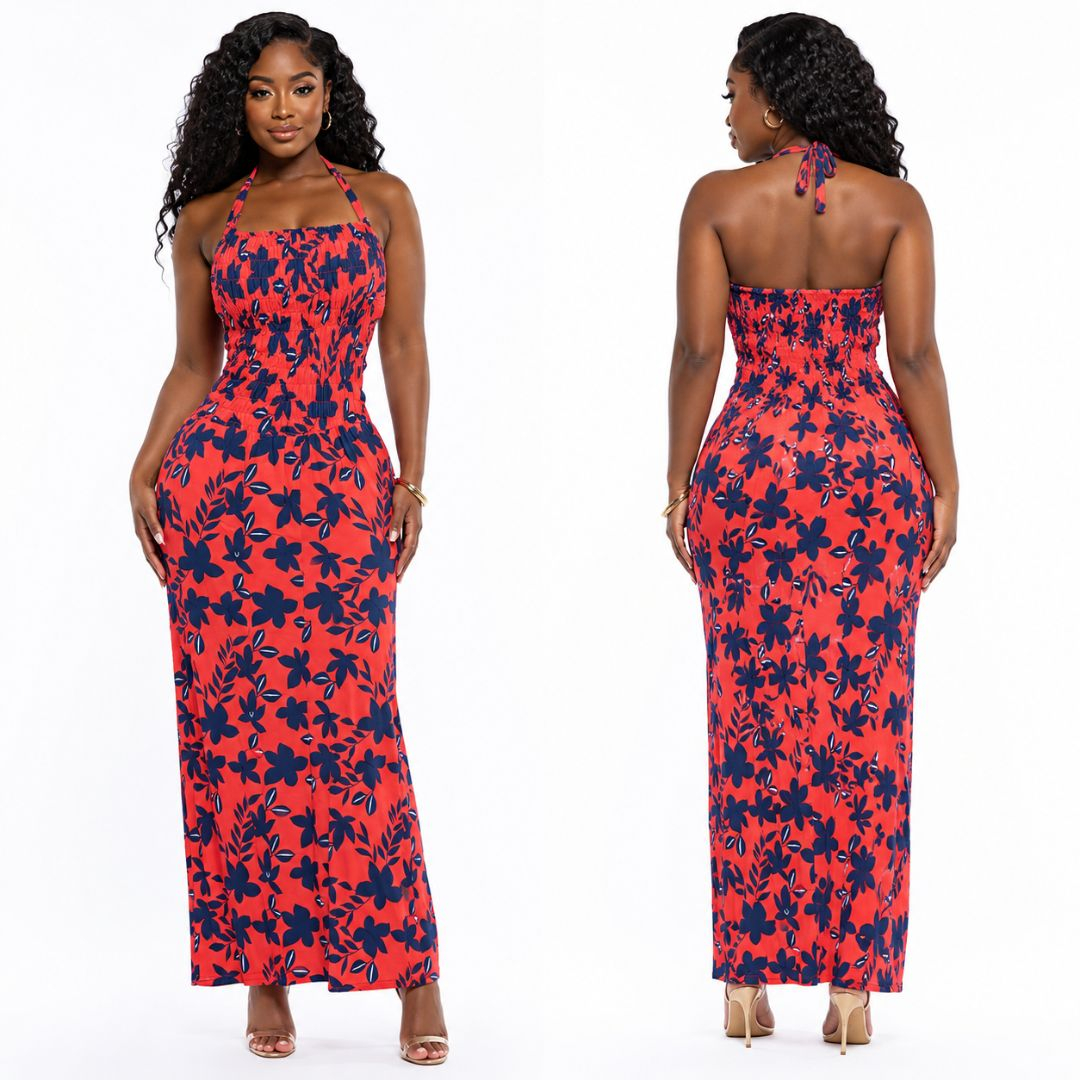 Quality Women Coral Pink and Navy Smocked Halter Neck Floral Maxi Dress