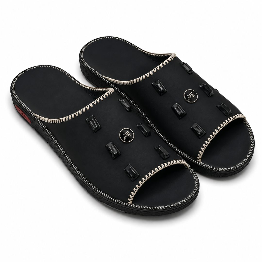Premium Black Open Toe Embellished Comfort Slide Sandals