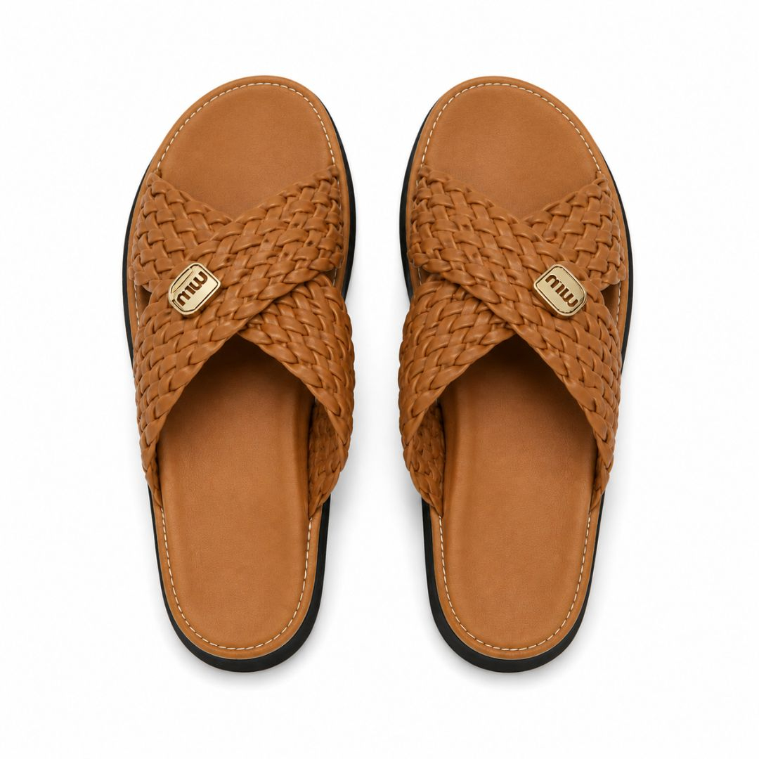 Quality Men Brown Woven Cross Strap Slide Sandals
