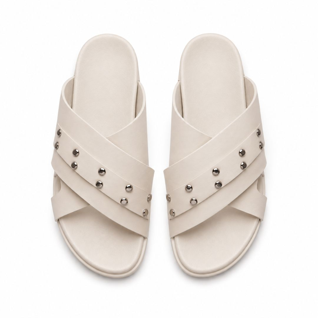 Mens Cross Strap Comfort Slide Sandals with silver accent