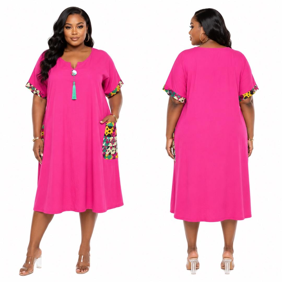 Short Sleeve V Neck Tunic Dress with Patterned Accents