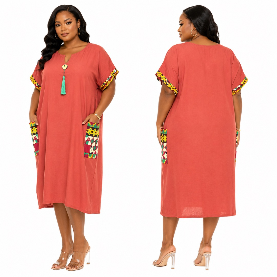 Terracotta V Neck Tunic Dress with Patterned Accents