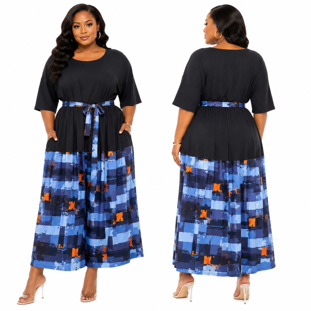 Two Piece Peplum Top and Abstract Print Maxi Skirt Set