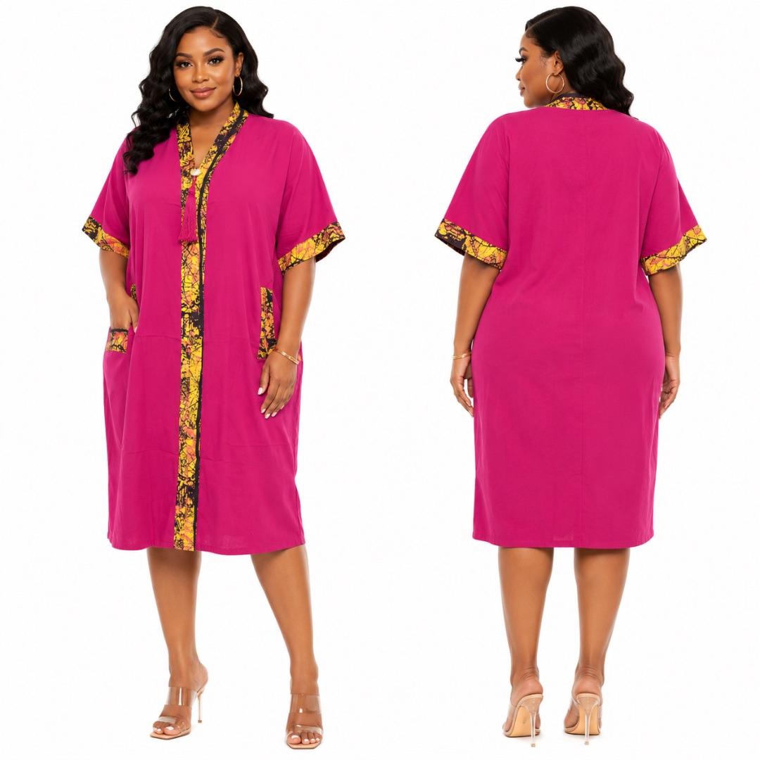 Pink V Neck Midi Kaftan with Patterned Accents