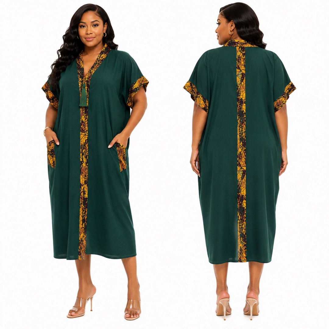 Stylish Green Kaftan with Multicolored Batik Accents