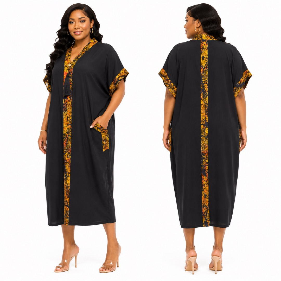 Stylish Knee Length Black Dress with African Inspired Patterns