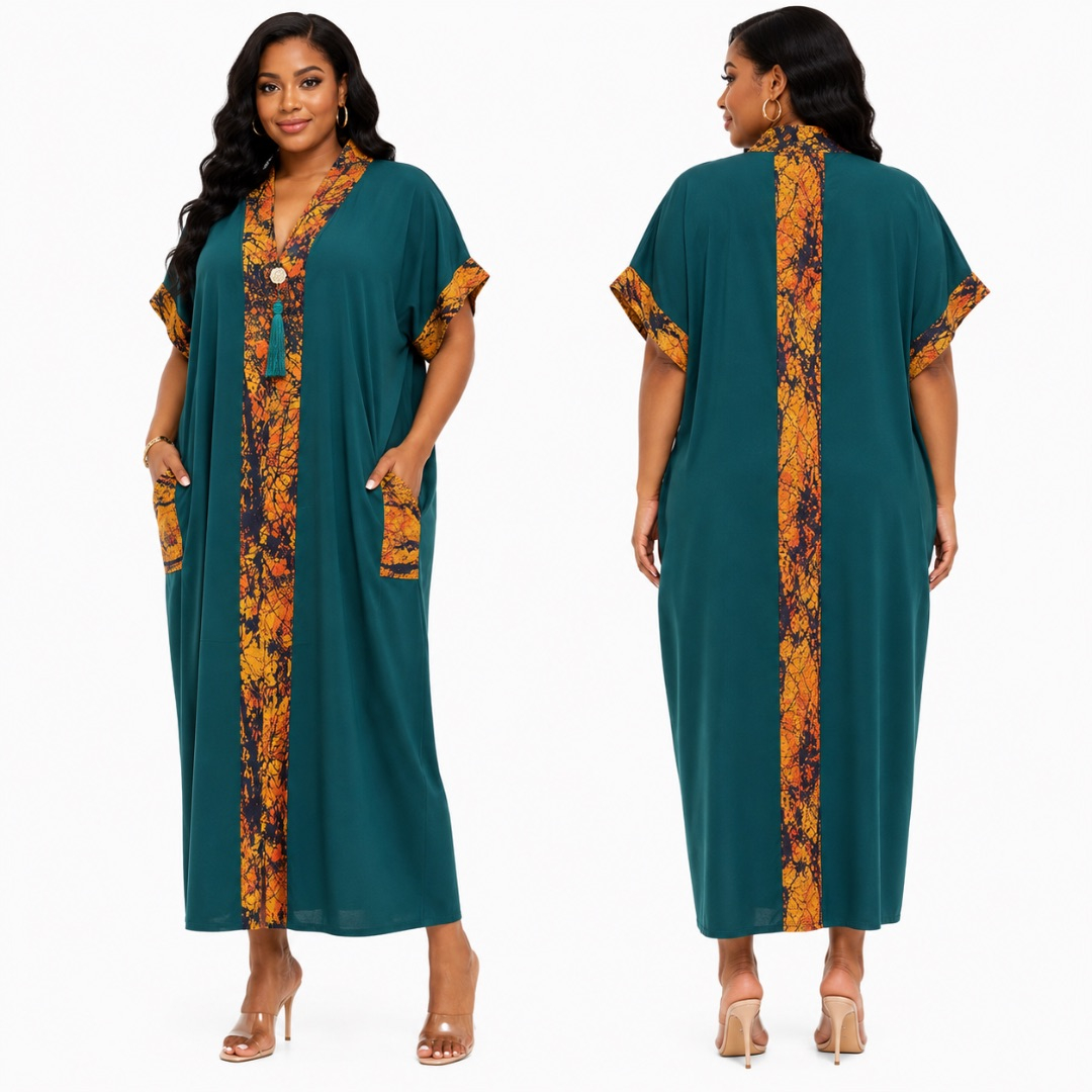 Stylish Deep Green Kaftan with Vibrant Batik Accents