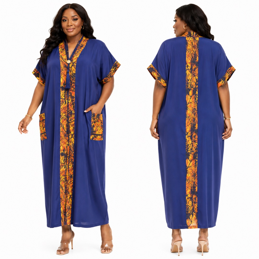 Long Embroidered V Neck Caftan Gown