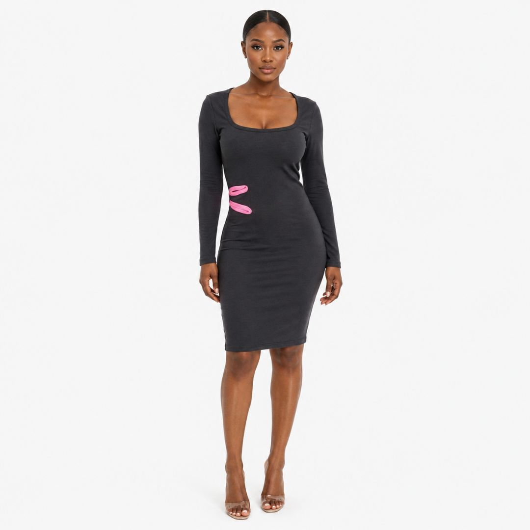 Long Sleeve Square Neck Mini Dress with Side Cut Out Detail