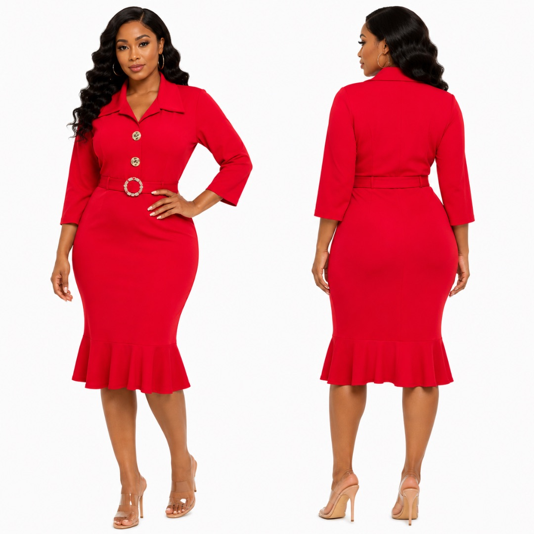 Red Button Front Fitted Midi Dress with Waist Belt