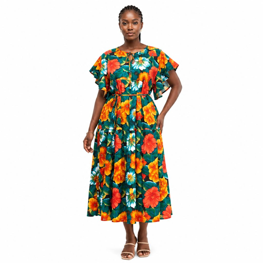 Vibrant Floral Print Flutter Sleeve Tiered Maxi Dress