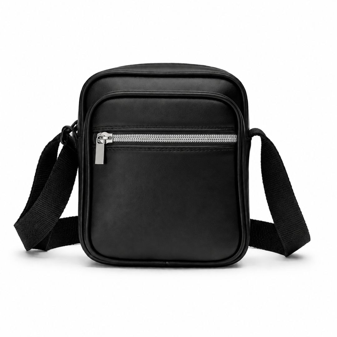 Smooth Black Leather  crossbody bag with Metal Detail