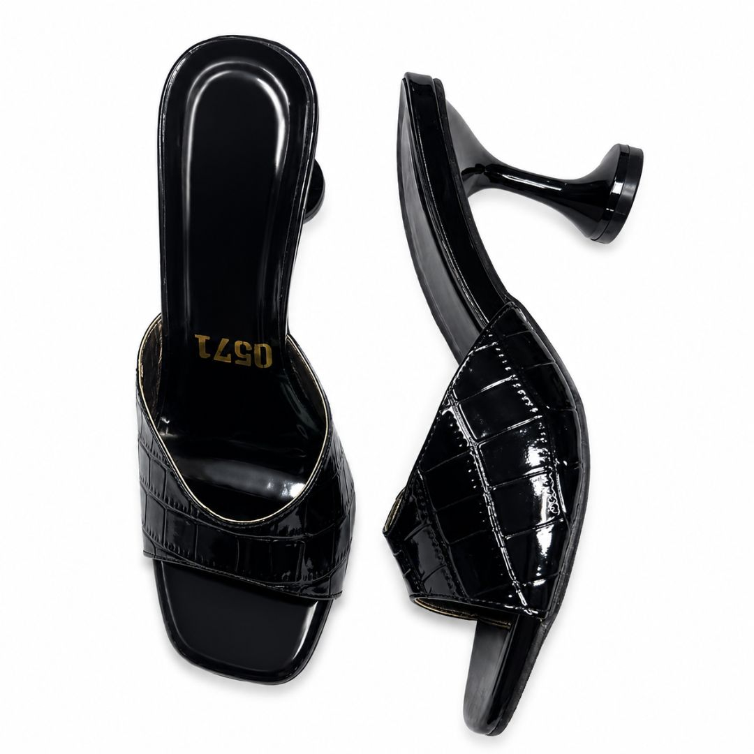 Womens Black Embossed Patent Leather Open Toe Heeled Mules