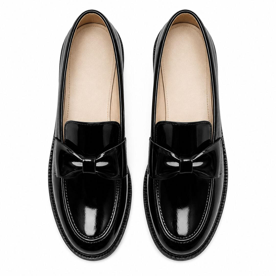 Black Patent Leather Bow Accent Loafers