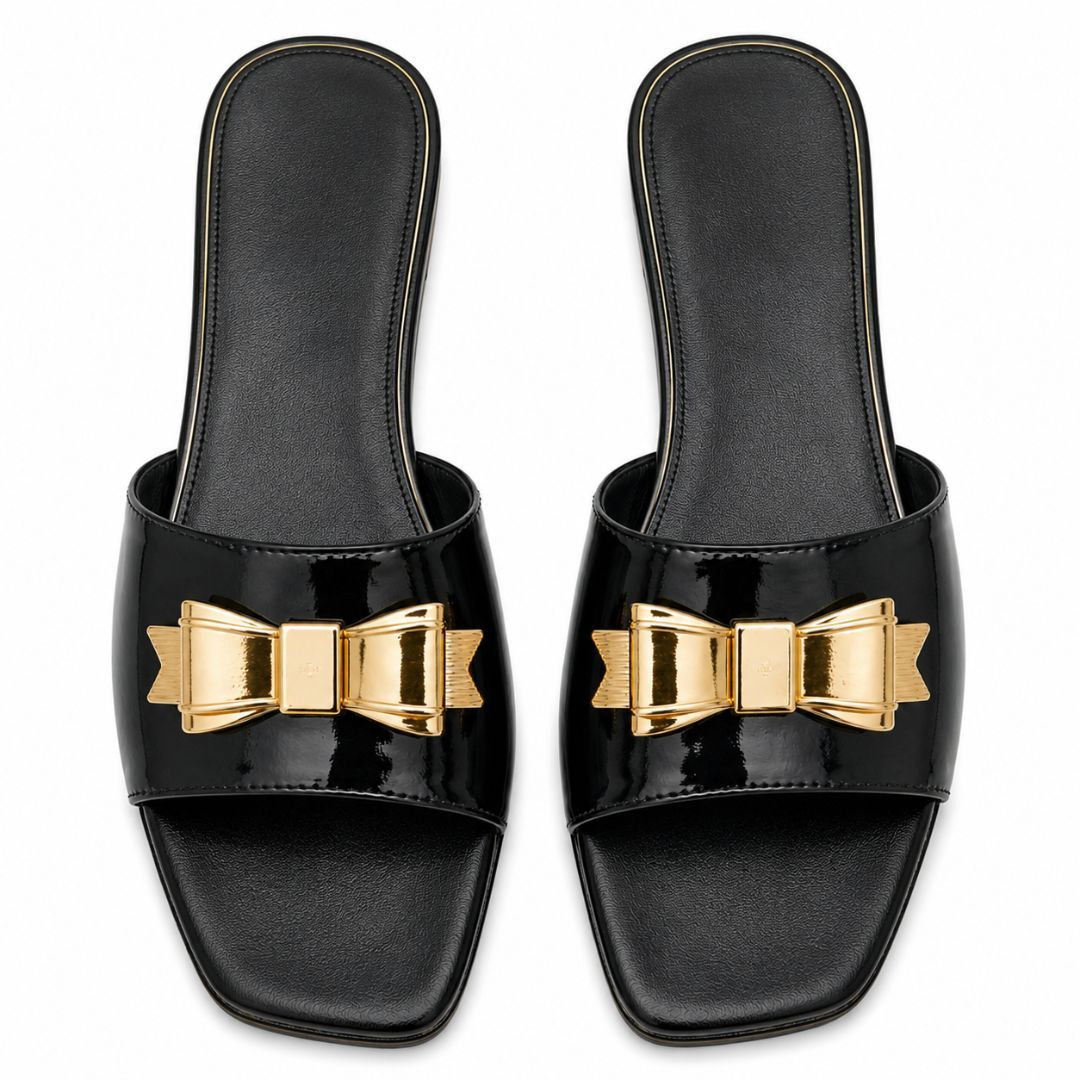 Women Glossy SlipOn Heeled Sandals with Metal Accent
