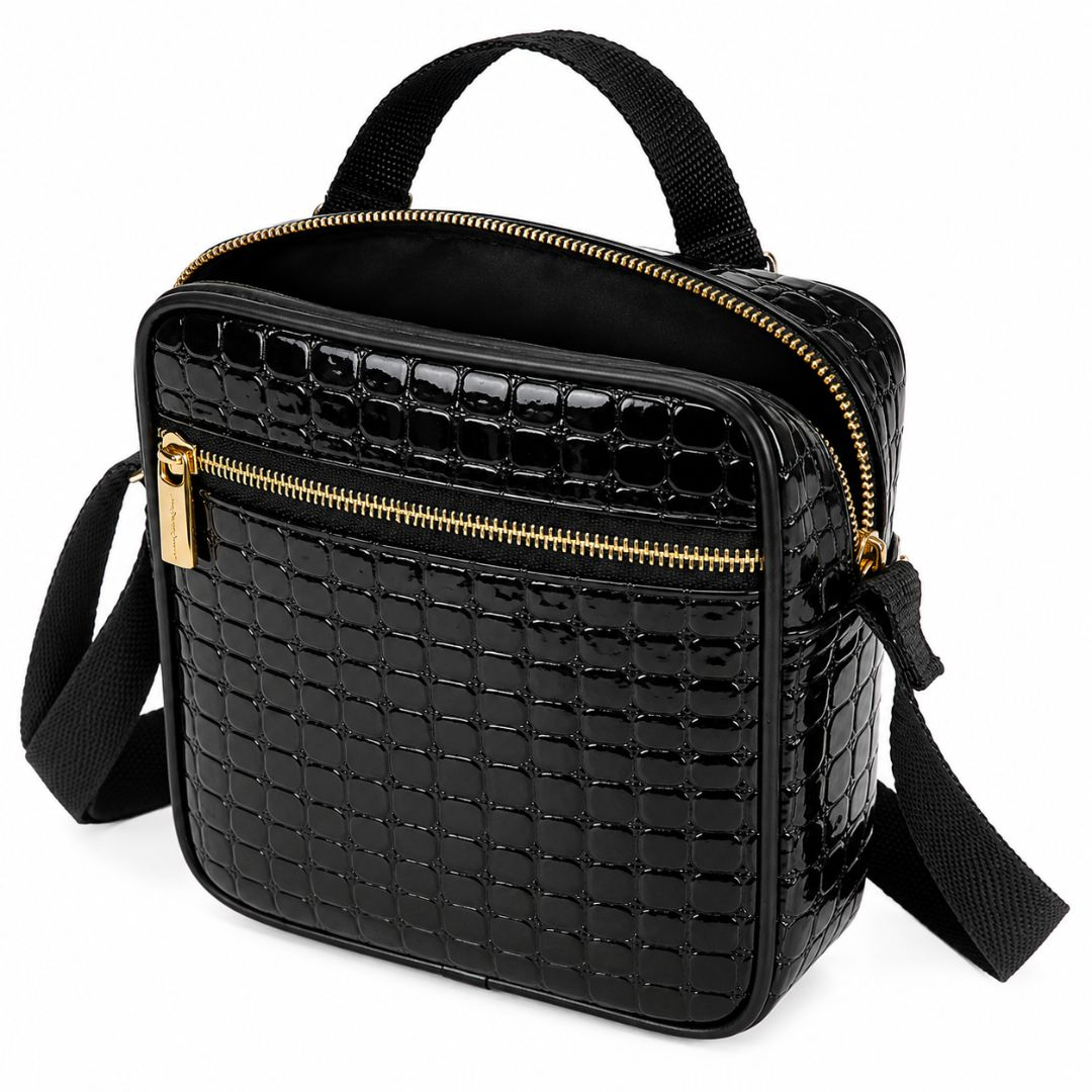 Compact Black Crocodile Textured Sling Bag with Gold Accents