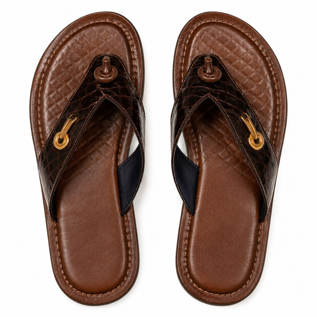 Croc Textured Leather Toe Post Sandals with Gold  Hardware  Detail