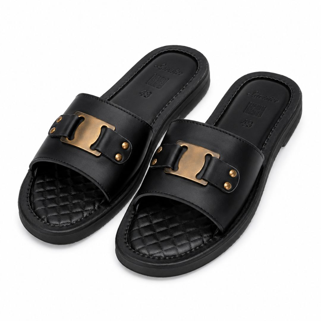 Premium Black Slide Sandals with Metal Buckle Accent