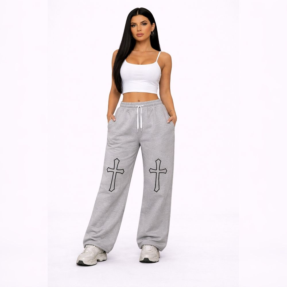 Gray Sweatpants with Cross Design and Elastic Waistband