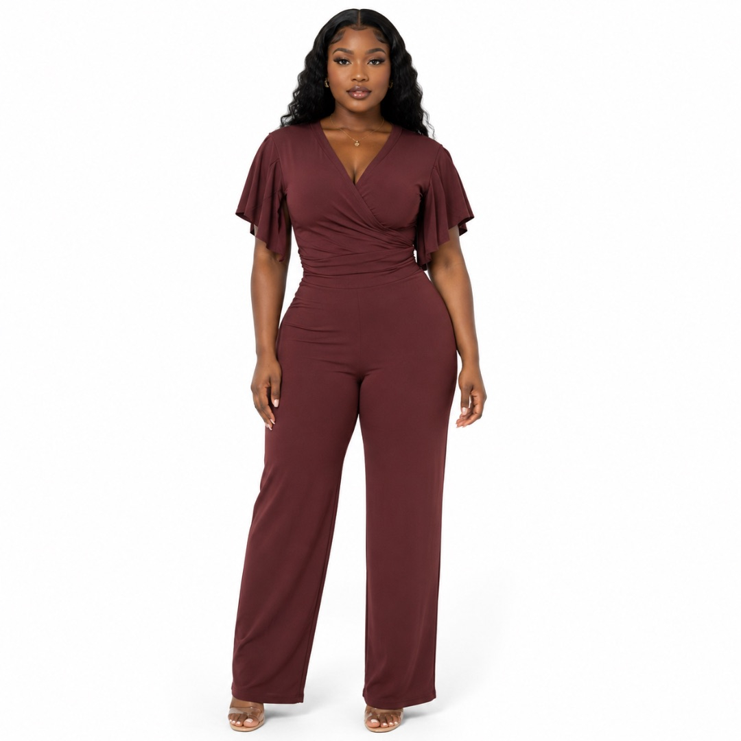 Chocolate Wrap Jumpsuit  Flutter Sleeve Wide Leg Jumpsuit