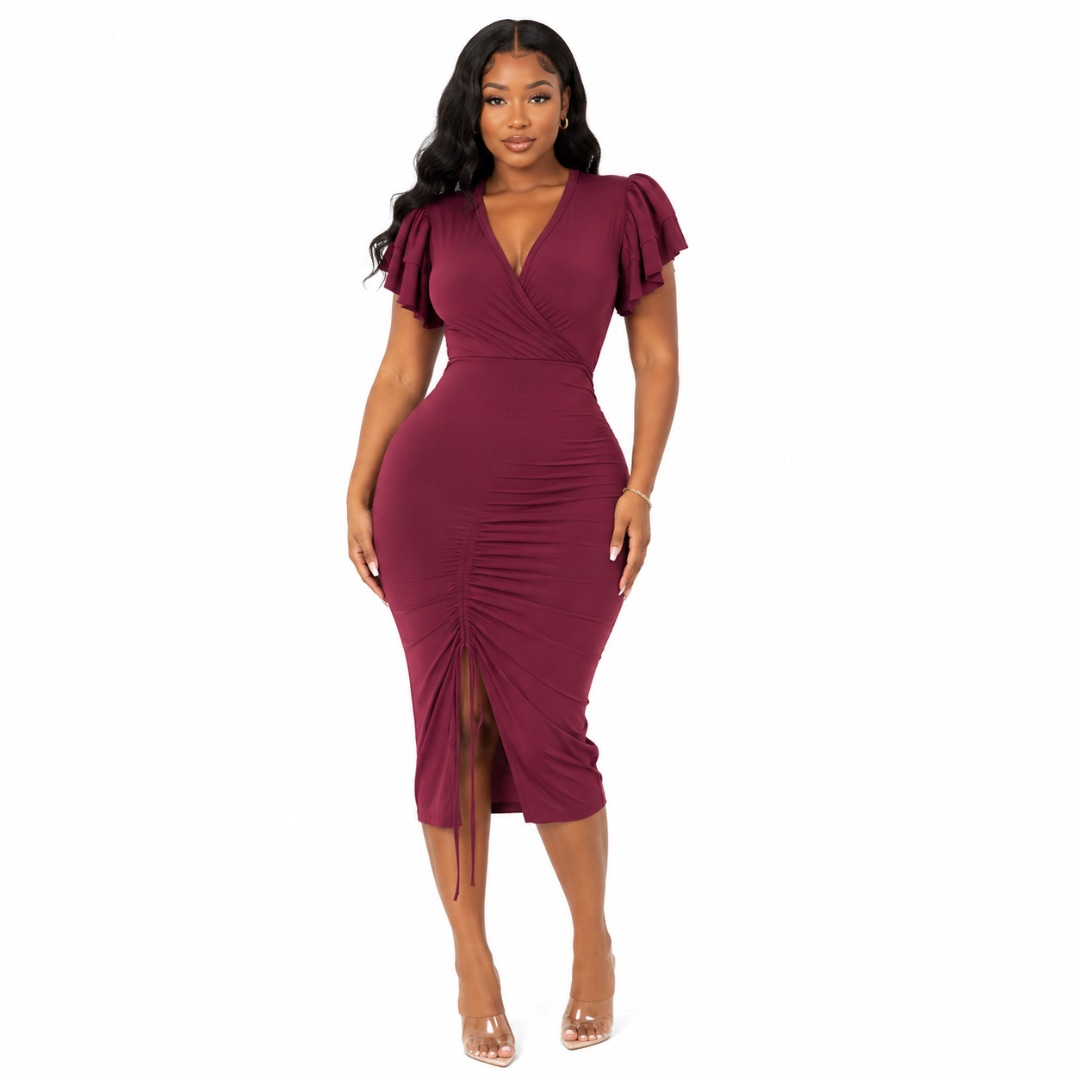 Wine Wrap Midi Dress  Ruched Bodycon with Flutter Sleeves