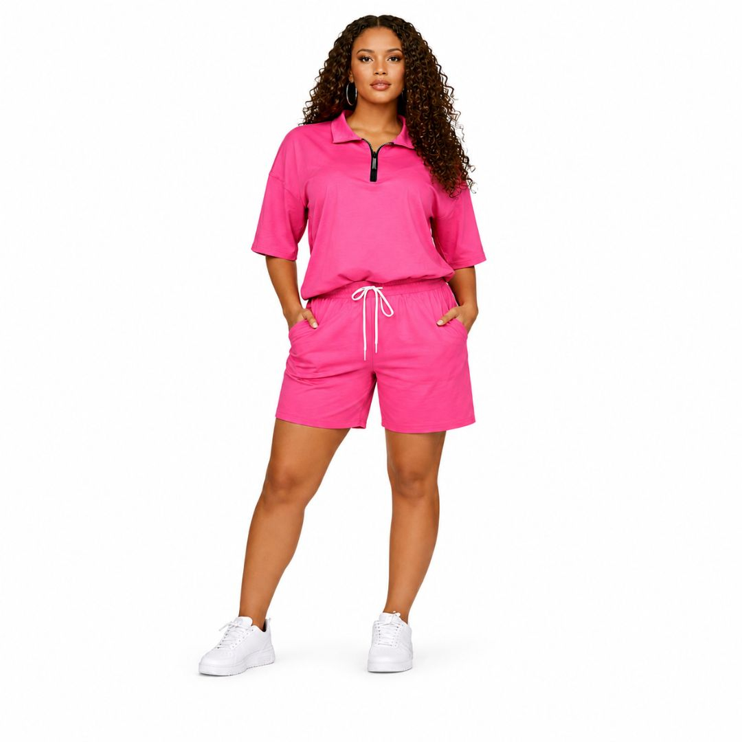 Hot Pink Zip Neck Lounge Set (Top & Shorts)