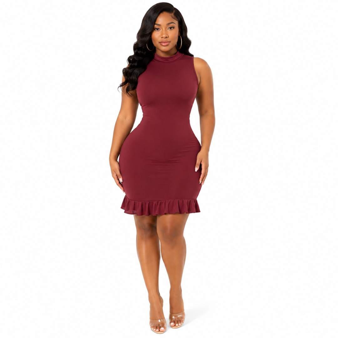 Wine High Neck Mini Dress Sleeveless Bodycon with Ruffle Hem