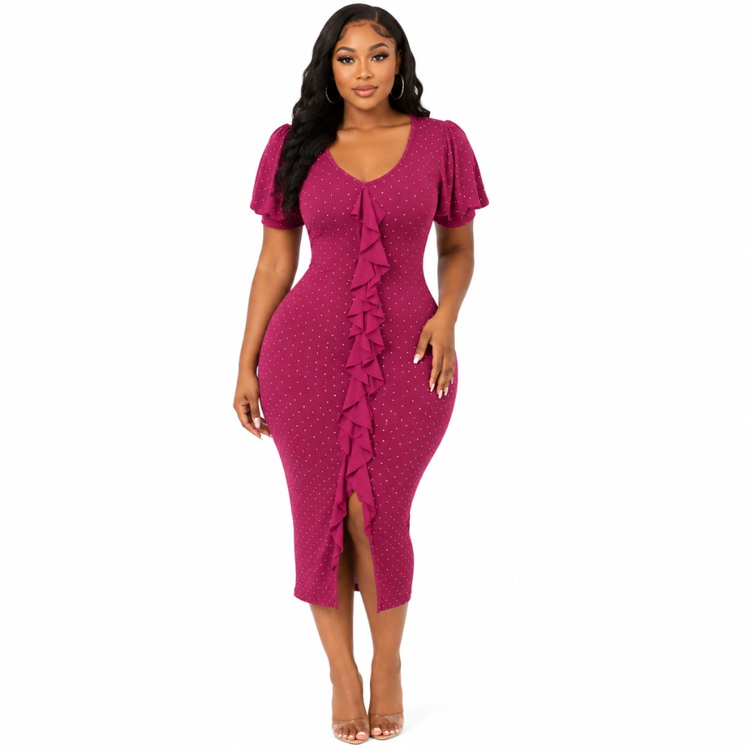 Burgundy Polka Dot Ruched Midi Dress with Front Ruffle Detail