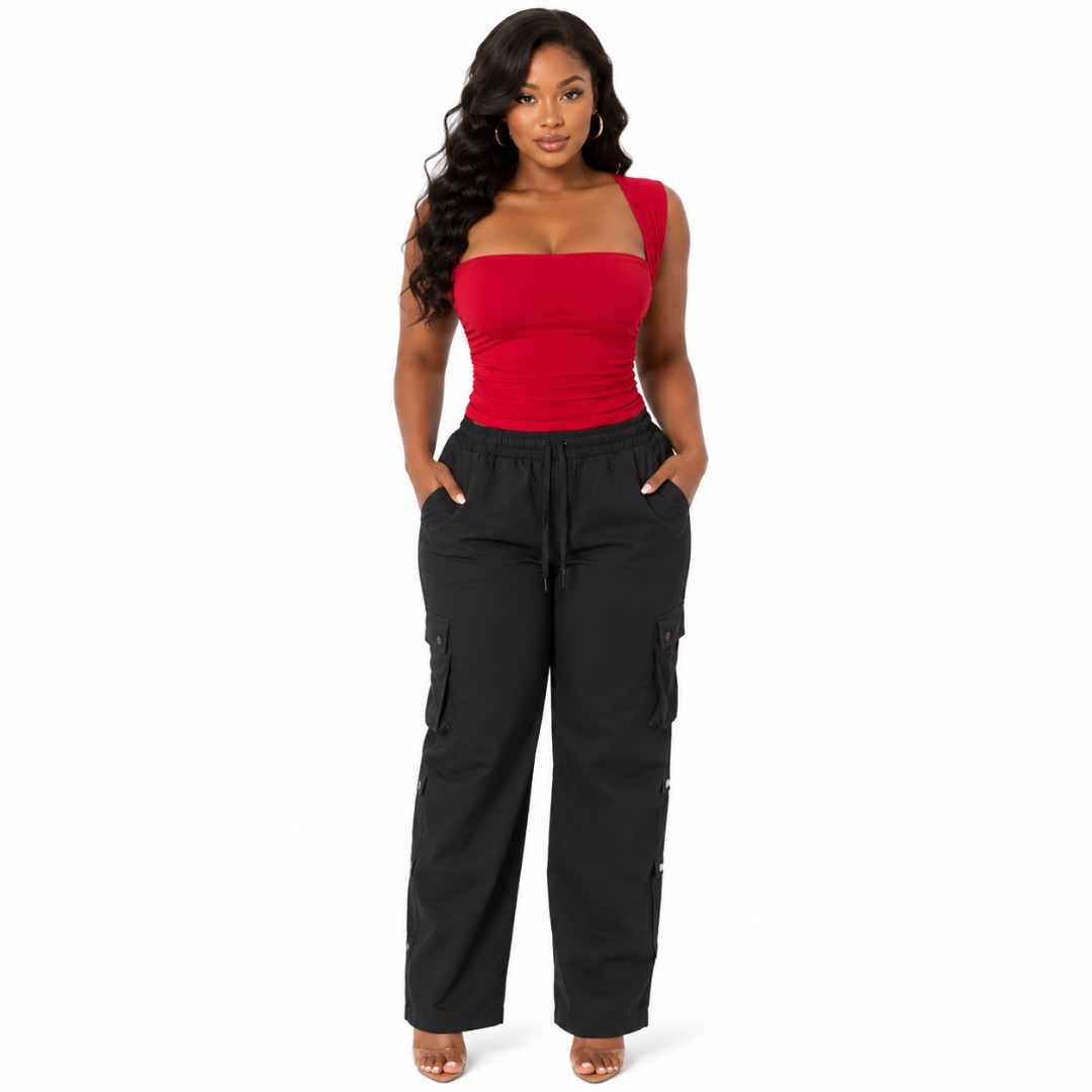 Red Sleeveless Fitted Top and Black Cargo Trousers Set