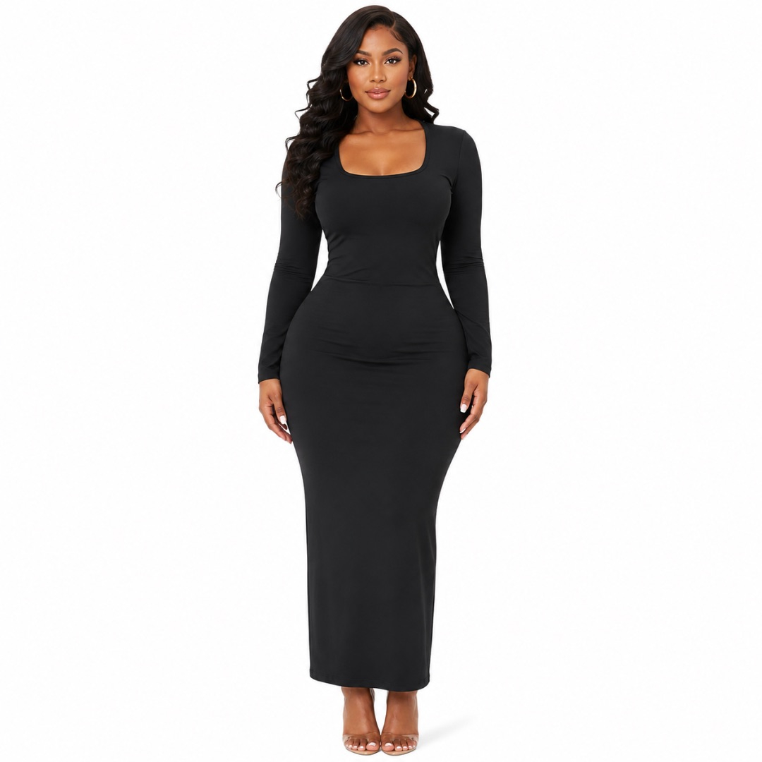 Black Long Sleeve Bodycon Midi Dress with Square Neckline