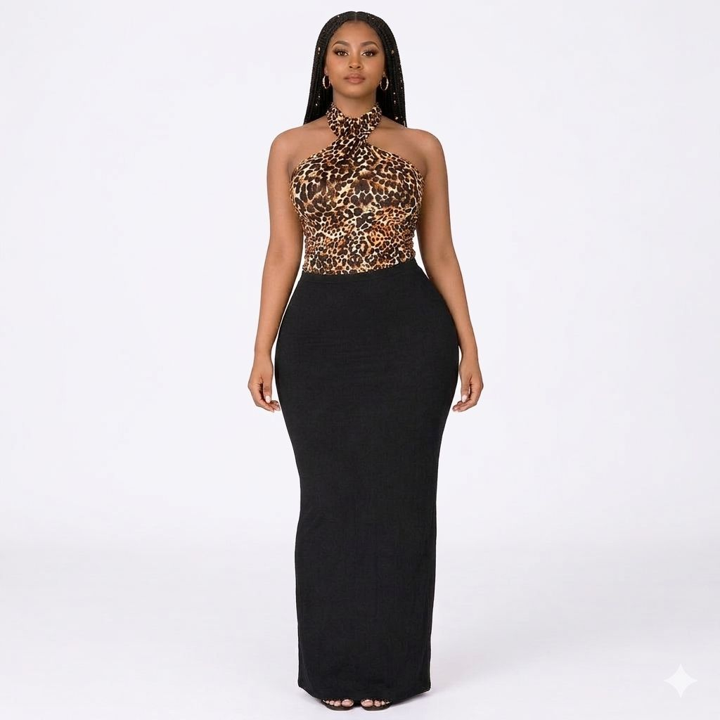 Leopard Print Halter Top and Black Maxi Skirt Two Piece Set