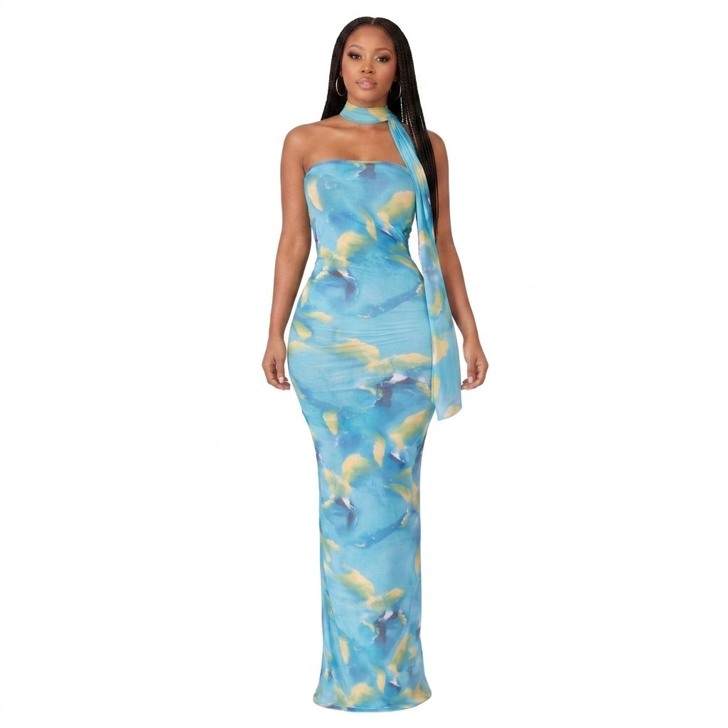 Abstract Print Halter Neck Bodycon Maxi Dress Elegant Fitted Outfit