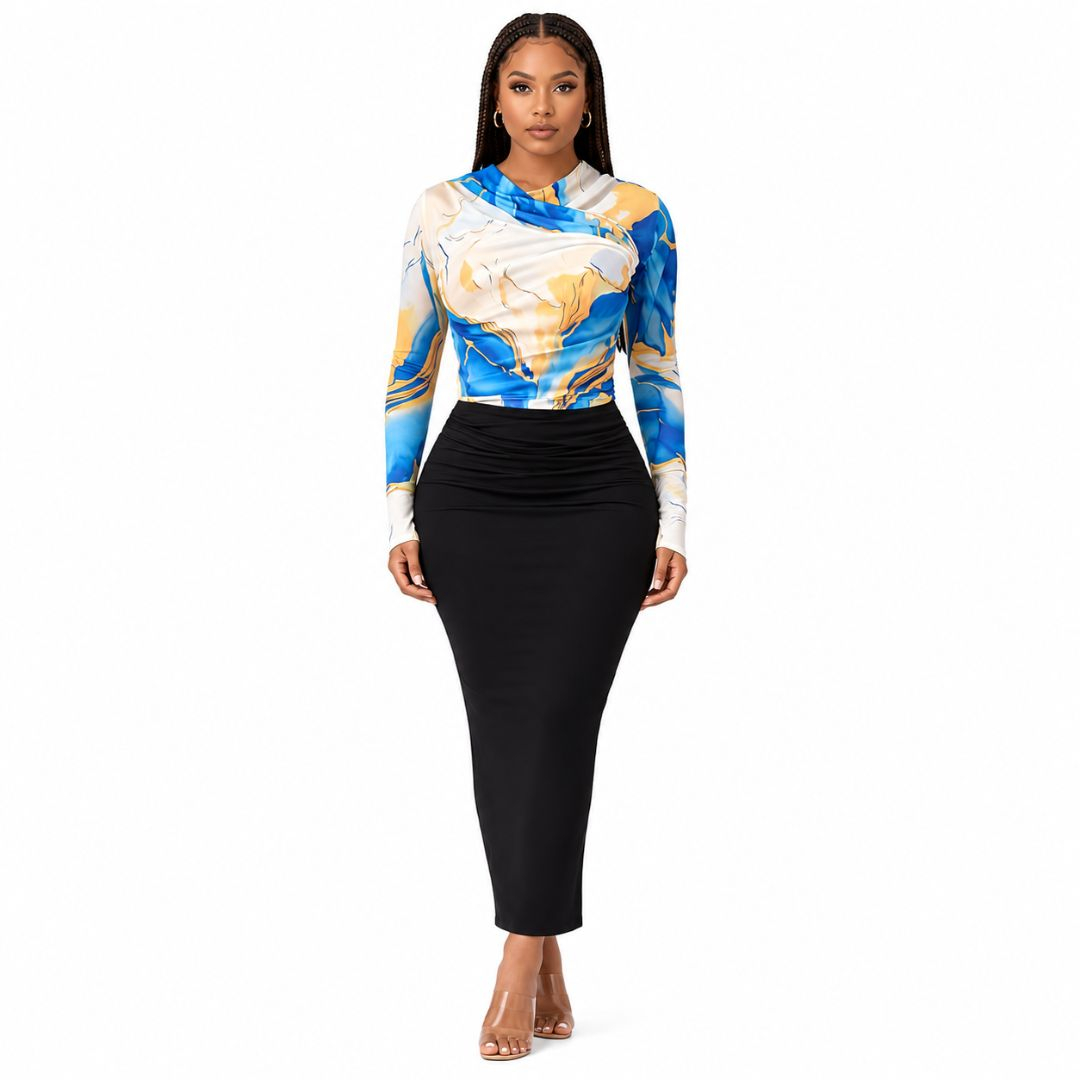 Womens Abstract Print Long Sleeve Top & High Waist Bodycon Midi Skirt Set