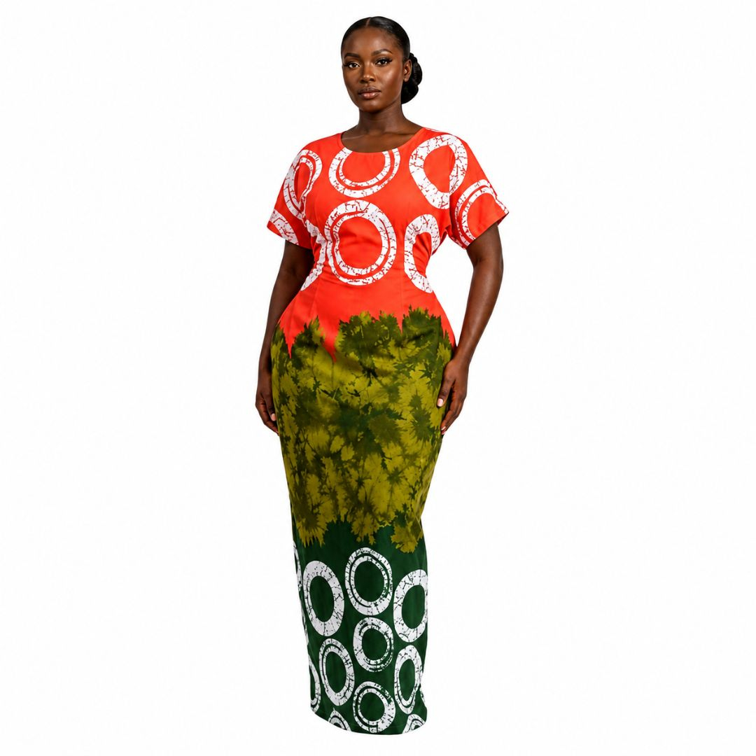 Vibrant Tri Color Batik Print Maxi Kaftan Dress