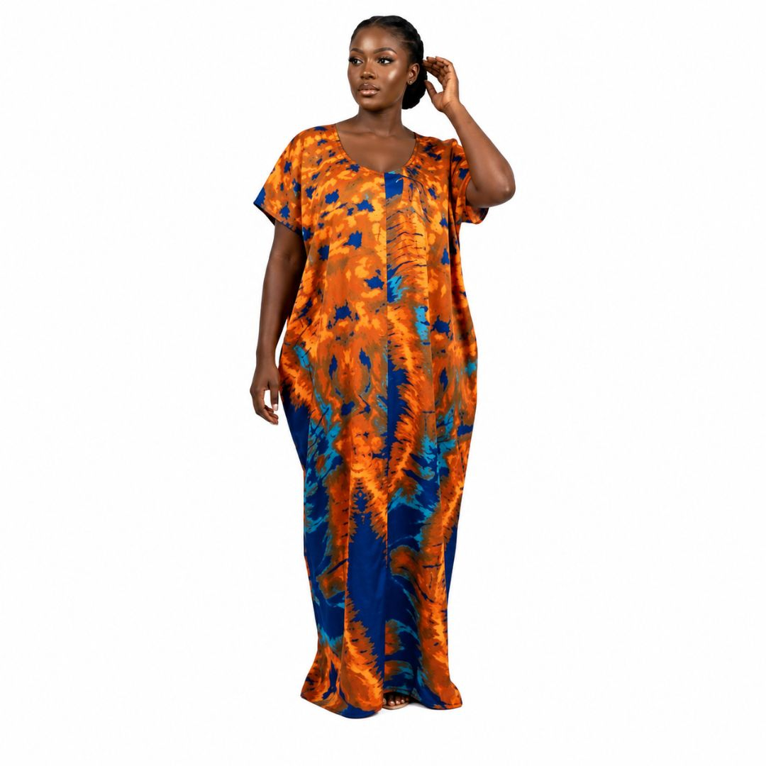 Vibrant Orange and Blue Abstract Print Maxi Kaftan