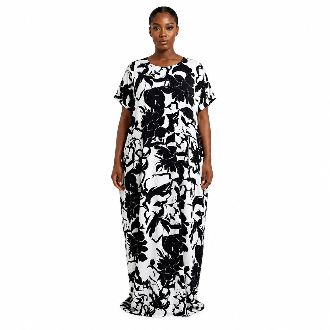 Black and White Floral Print Kaftan Dress