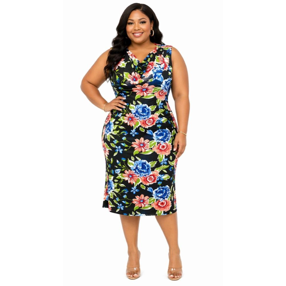 Womens Black Floral Sleeveless Midi Dress  with  Draped Neckline