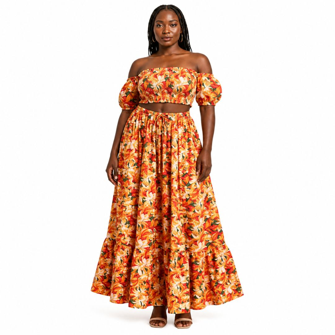 Floral Smocked Off the Shoulder Two Piece Set