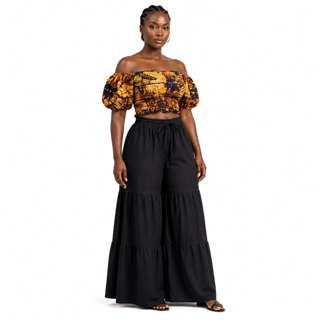 Two Piece Off the Shoulder Batik Crop Top and Tiered Wide Leg Trousers