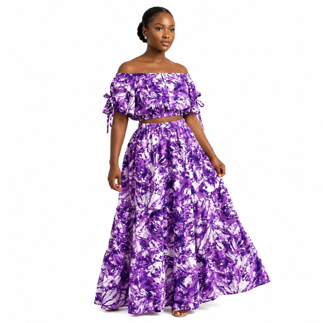 Two Piece Purple and White Abstract Print Crop Top and Maxi Skirt Set