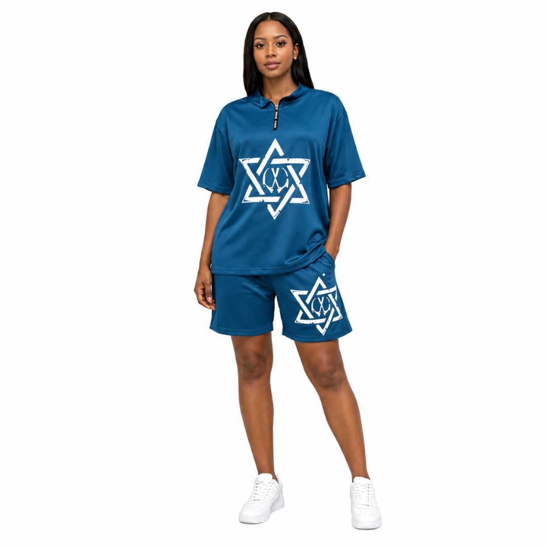 Teal Oversized Quarter Zip Polo and Shorts Graphic Set